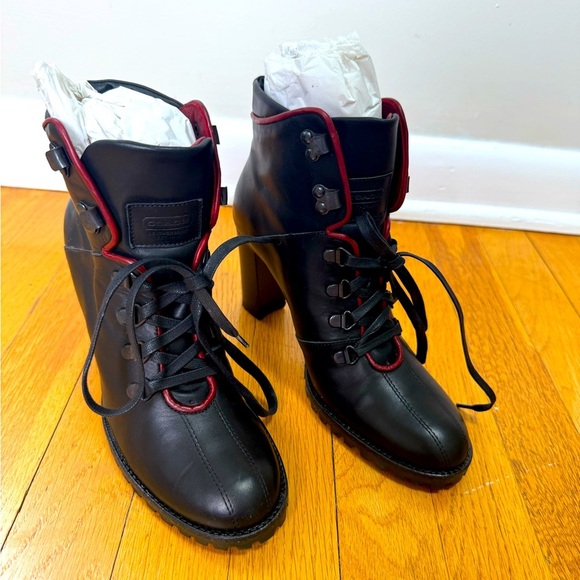 NWOT Coach Lucia Red Trim Lace Up Heeled Leather Combat Boots Size 7 B - Picture 1 of 8